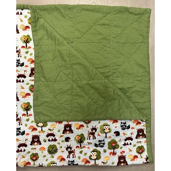 Handmade Baby‎ Quilt Green Reversible Animal Woodland Nursery Blanket 52