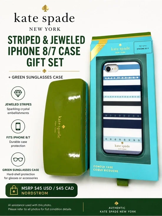 Kate Spade iPhone 8/7 Striped Jeweled Case NWT + Sunglasses Case Bundle