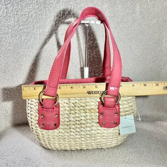 Liz Claiborne Purse Salmon Pink trim Cornhusk Straw Body Magnetic New With Tags