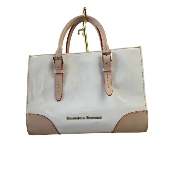Dooney & Bourke White Patent Leather Satchel Tan Trim Contrast Stitch Handbag