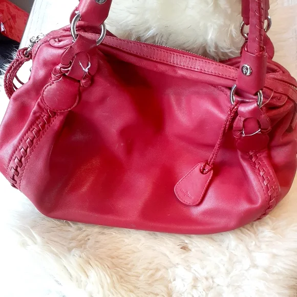 Cole Haan Hobo Apple red Leather purse satchel Tassel Braid trim