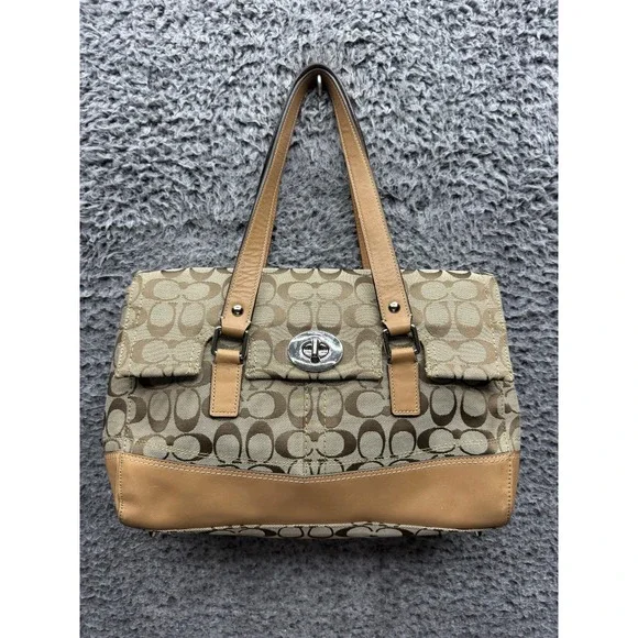 Coach Womens F13070 Signature Jacquard Logo Leather Handbag Multicolor‎
