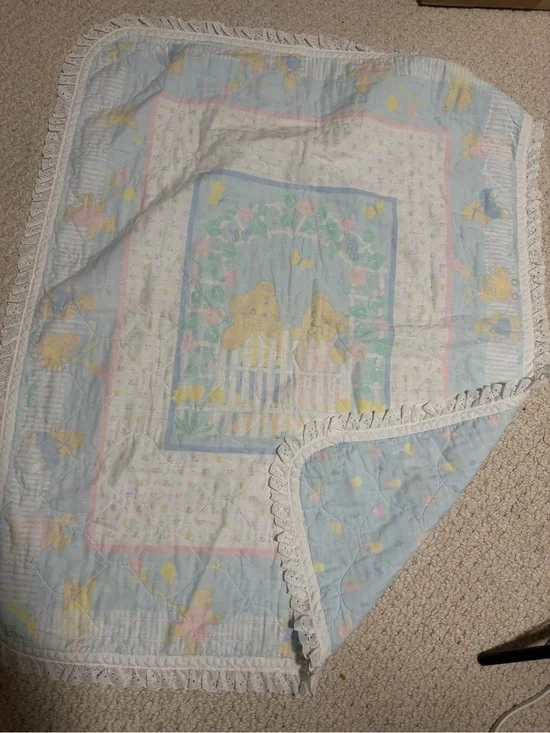 Vintage Pastel Blue Baby Quilt with Teddy Bear Motif