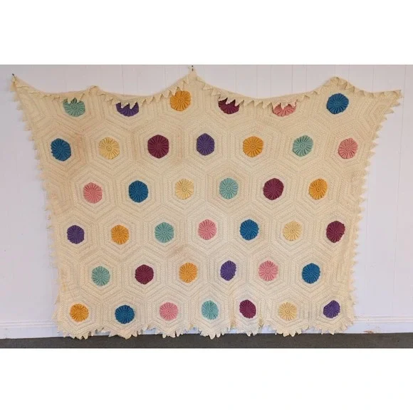 Antique Gorgeous Vintage Crochet Knitted Bed Spread Coverlet Scalloped Edges F/Q