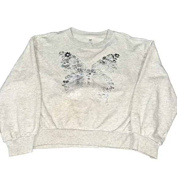 Gap Kids XL 12 Gray Butterfly Sequin Sweatshirt Girls Embellished Pullover