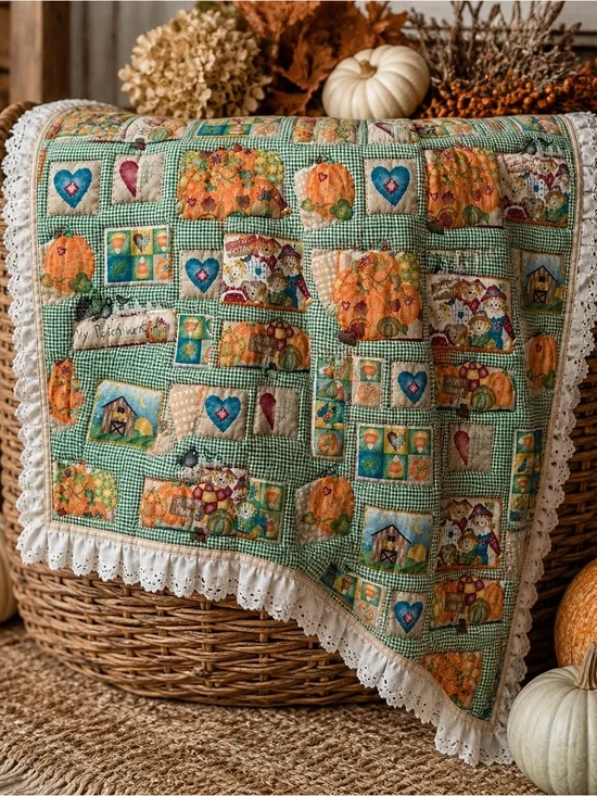 Handmade Pumpkin Quilt Throw 42x36 Cottage Fall Farmhouse Decor