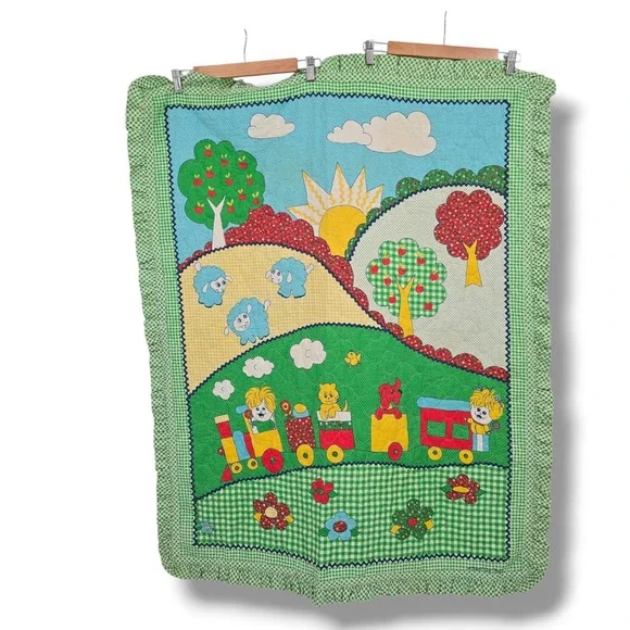 Vintage Thats Our Baby Quilted Nursery Blanket Green Gingham Ruffle Train Sheep