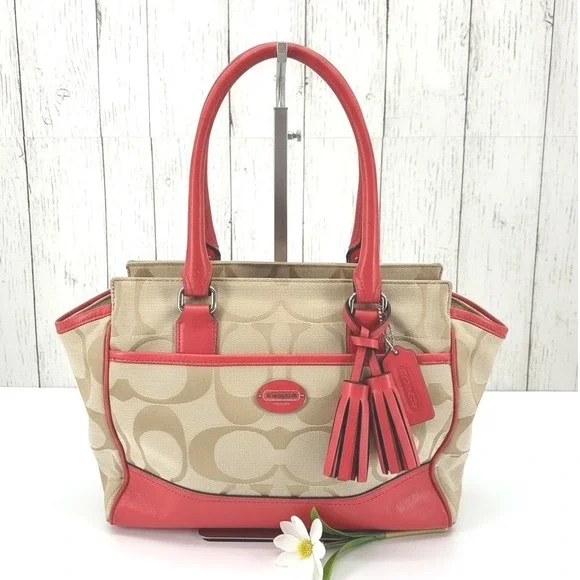 Coach 24204 Signature Tote Red Leather Trim‎ Tassel Charm Excellent Condition