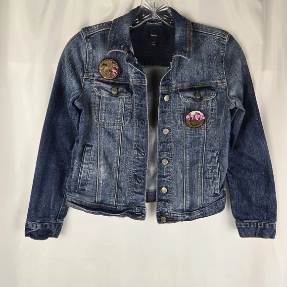 Gap Kids Blue Denim Jean Jacket Girls Size XL With Sequin Emoji Pins