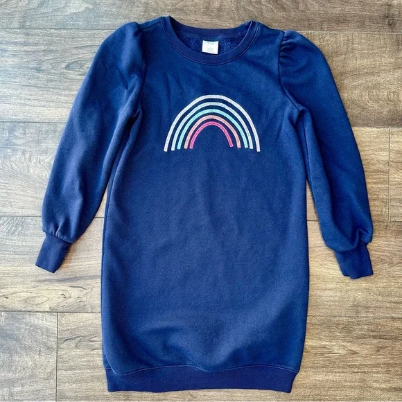Gap Kids Navy Blue Fleece Sweatshirt Dress - Girls Size Large - Sparkly Rainbow