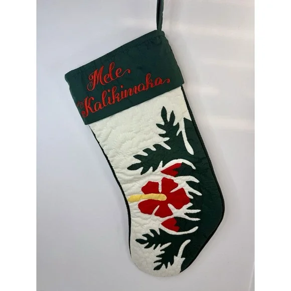Hawaiian‎ CHRISTMAS STOCKING 100% hand quilted/appliquéd Red Hibiscus Green 20
