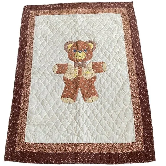 Vtg‎ applique Teddy bear quilt baby country nursery farmhouse cottagecore 34x44