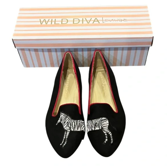 New in Box Wild Diva Lounge Black and White Zebra Flats Slip-on Size 6