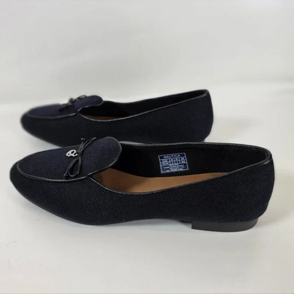 Nautica Kelline Navy Black Herringbone Bow Loafers Flats Womens 9