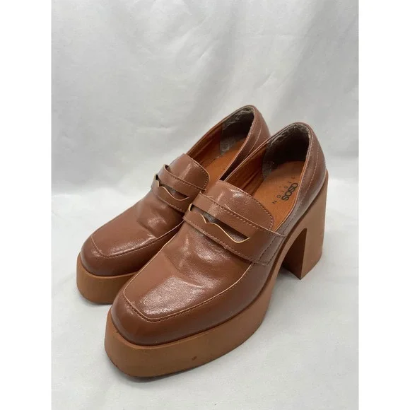 ASOS‎ DESIGN Profile Chunky High Heeled Loafer In Tan Size 40/9