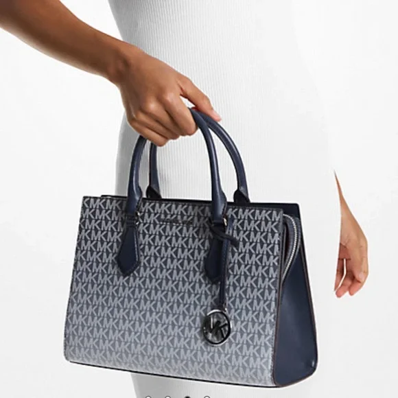 MICHAEL KORS Sheila Medium Ombré Signature Logo CZ Satchel Crossbody Navy NWT
