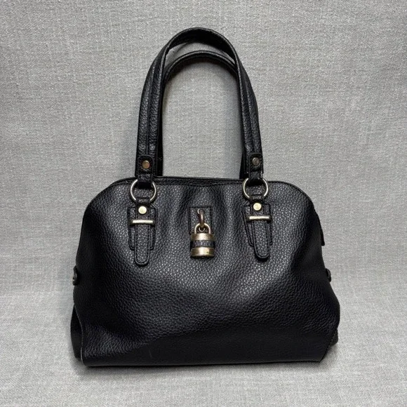 Black Padlock Faux Leather Satchel Handbag Purse Gold Padlock Detail Medium