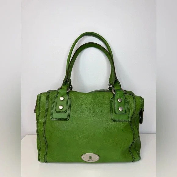 Fossil Kelly Green Pebble Leather Marlow Satchel Bag Purse Top Zip Closure
