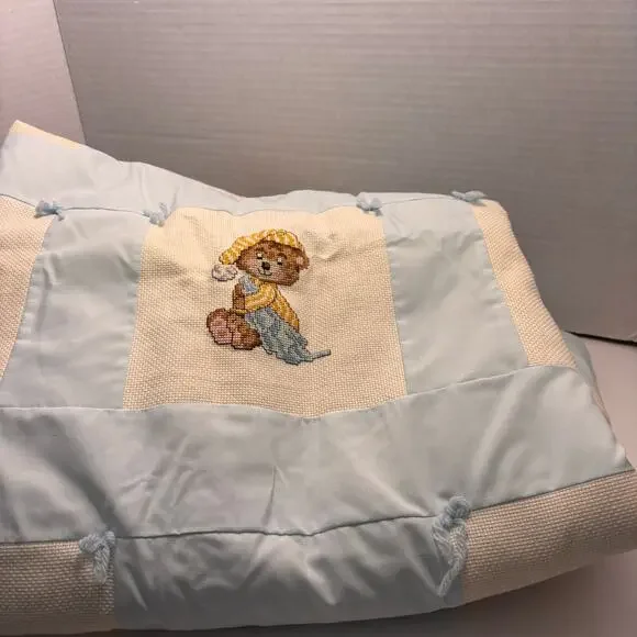 Vintage Baby Quilt Wall Hanging w/ 8 Cross Stitch Panels Bedtime Teddy Bears