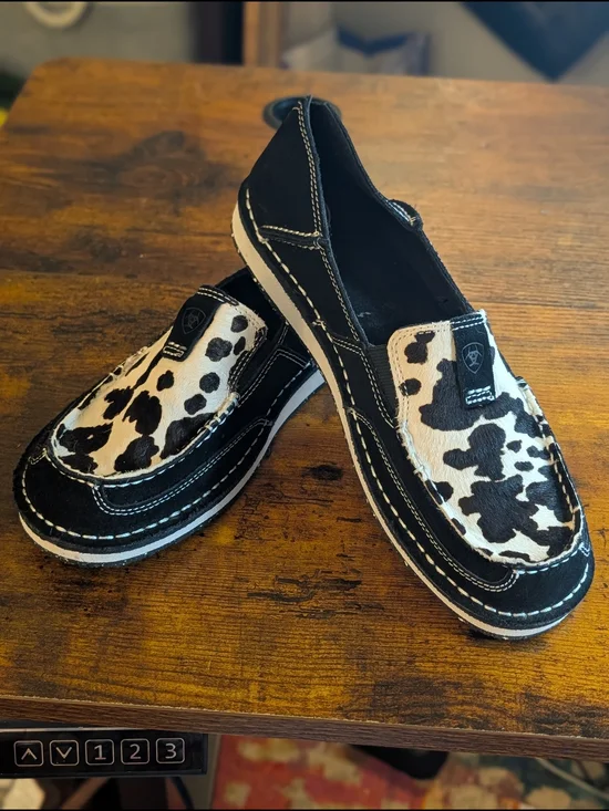 Ariat Womens 9.5B Cow Print Leather Slip On Loafer Western Casual Shoes Style