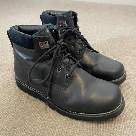 UGG Boots Mens Size 9 Black Leather Waterproof Lined Ankle Snow Winter 1008146