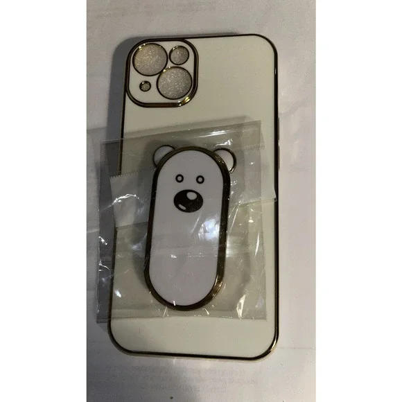 iPhone 13 Cream Colored Plastic Snap On Case With Gold Trim And Kickstand