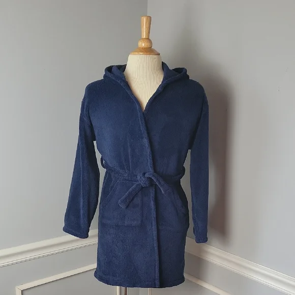 GAP Kids Boy's Navy Blue Plush Hooded Tie‎ Waist Loungewear Bath Robe Sz 10