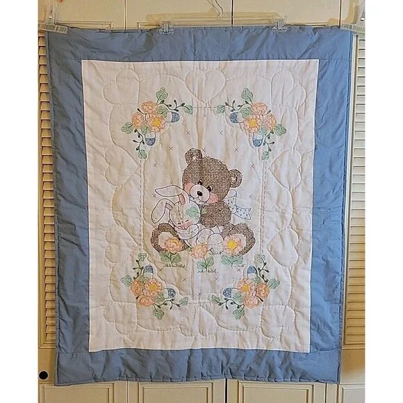 Vintage Baby Comforter Blanket Handmade Bear & Hearts Crib Quilt Nursery 34