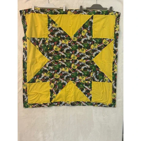 John Deere Handmade Baby Quilt Yellow Star Patchwork Farm Tractor Lap Throw