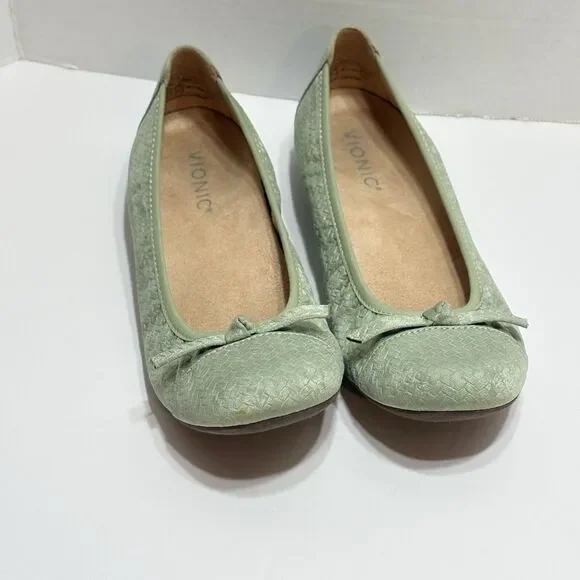 Vionic Amorie Women’s US 7 Velvet Sage Leather Orthotic Slip-On Bow Ballet Flat