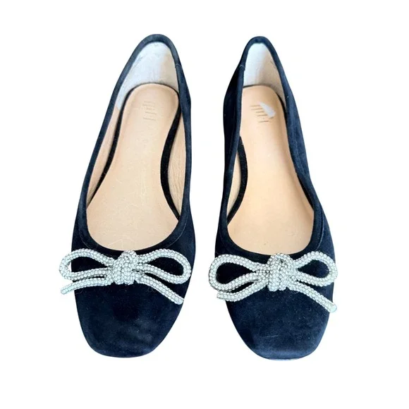 J.Jill Black Suede Crystal Bow Ballet Flats Slip On Shoes Women Size 6 coquette‎