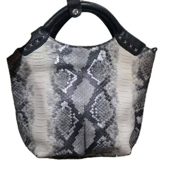 Isabella Adams Gray Black Python Print Leather Satchel Handbag Whipstitch Zip...