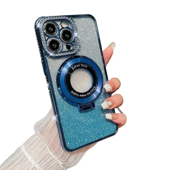 Blue Glitter iPhone 16 pro max Case with Ring Holder