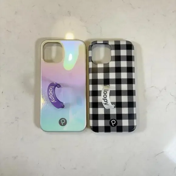 Pair Of Two Loopy iPhone 12 Cases - iridescent and checker print