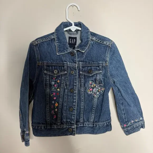 Gap Girls Embroidered Jean Jacket XS Denim Blue Collared Floral Butterfly Y2K
