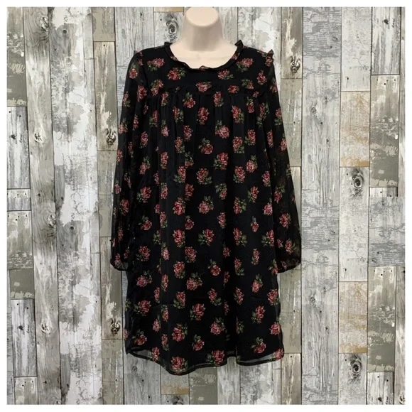 NWT Gap Kids Boho Sheer Long Sleeve Ruffle Black Floral Shift Swing Dress XXL