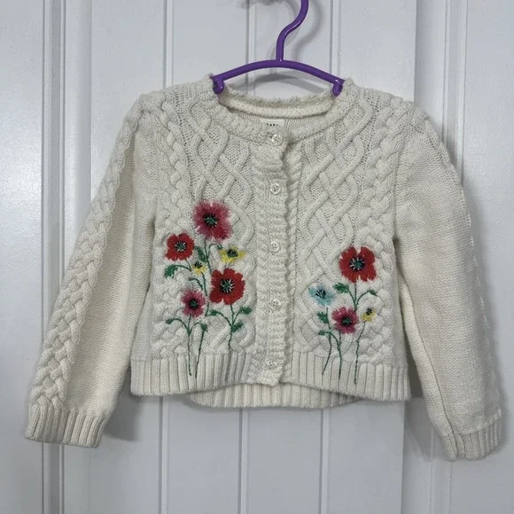 Baby Gap 18-24 Months Cable Knit Floral Embroidery Cardigan Ivory Frost Cotton