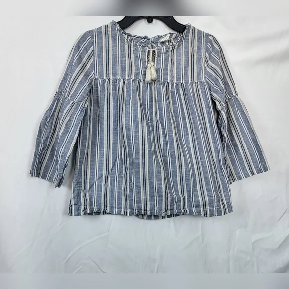 Gap Kids Girls Blue White Chambray Striped Tasseled Tie 3/4 Sleeve Peasant Top M