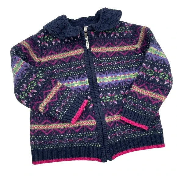 Vtg Y2k Baby Gap Toddler Girls Fair Isle Wool Blend Zip Up Sweater Navy Pink 4T