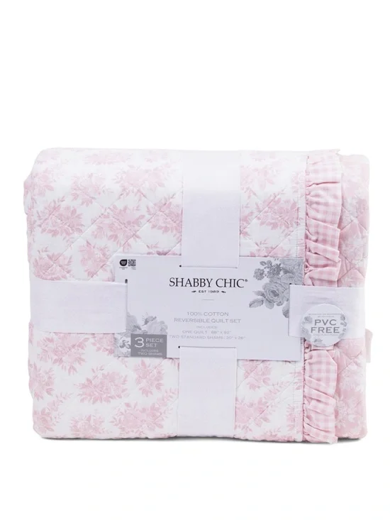 Shabby Chic Light Pink Floral Reversible Quilt Set
