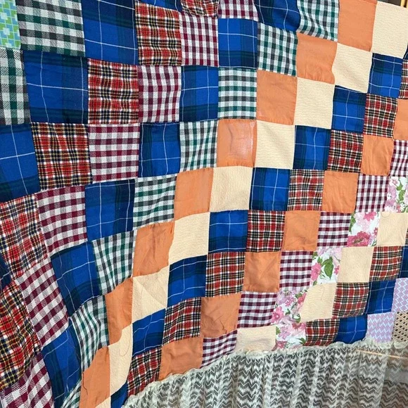 VTG Handmade Patchwork‎ Quilt 42x86 Plaid Floral Fabric Lace Embroidery Cottage
