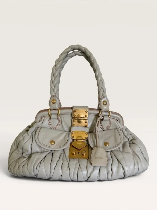 Vintage Miu Miu Ivory Matelassé Leather Satchel Bag Gold Hardware