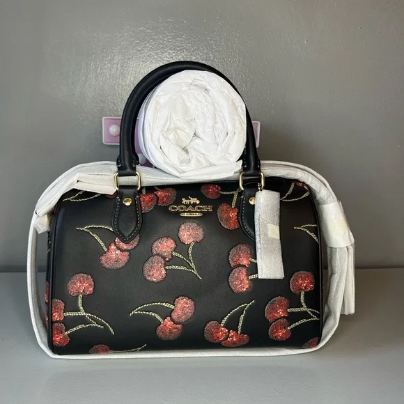 Coach Rowan Satchel Bag in Leather with Cherry Print Black Multi