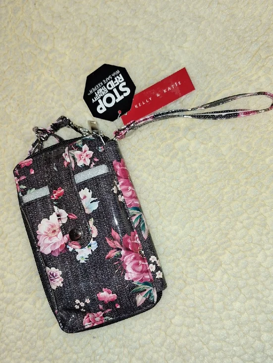 Kelly & Katie Black Floral Wristlet Phone Pouch with Pink Flowers