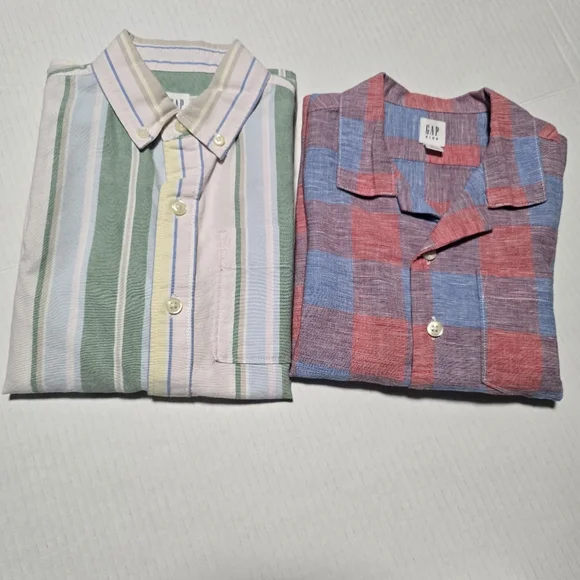 GAP Youtg Boys' Size 7 Striped and Plaid Cotton Shirt Set - Green and Red Bundle