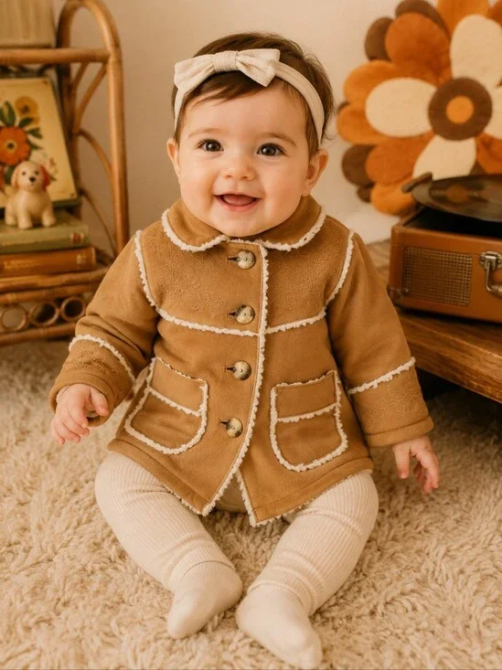 Vintage Baby Gap Embroidered Faux Suede Sherpa Jacket Penny Lane 3-6 Months