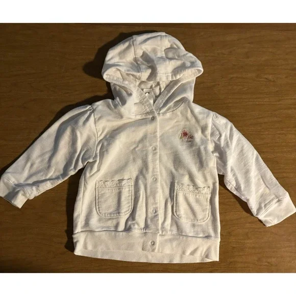 VTG BABY GAP Snap Hooded Cardigan Jacket Infant 18-24 Months Lace Trim Pockets
