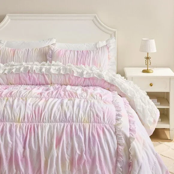 LoveShackFancy Tie Dye Quilt Pink Purple Yellow White Ruffle Full Queen Bed NEW