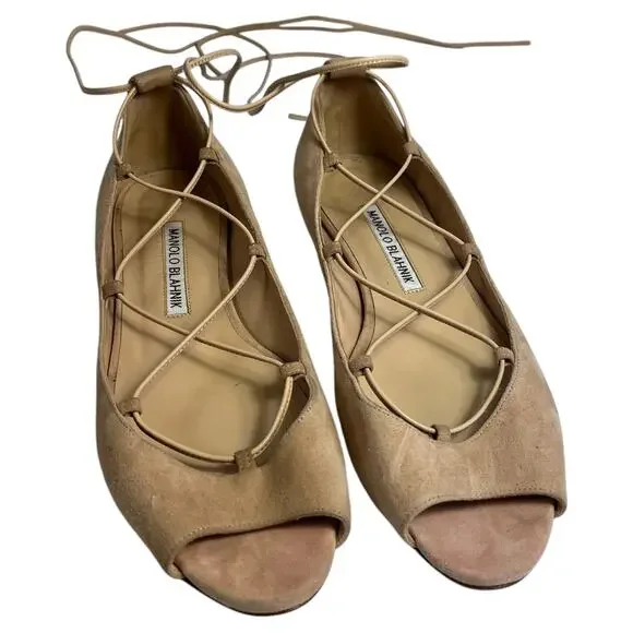 Manolo Blahnik Lace Up Espadrille Flats Peep Toe Suede Nude Size 6 / 36.5 Italy