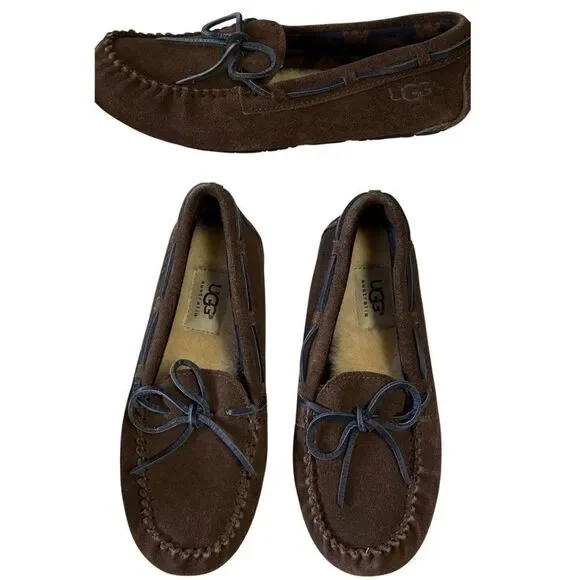 UGG Kids Chocolate Slipon Moccasin Suede Loafers with Bow Brown Size 3